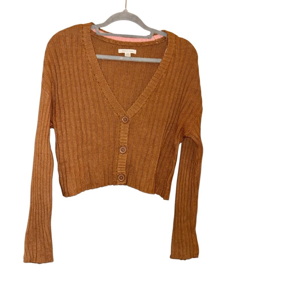 American eagle‎ ribbed cropped boxy button up cardigan brown size small